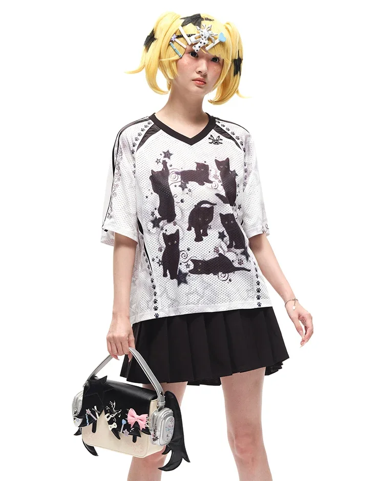 IMU CFIERCE Original Black Cat Printing Loose Short Sleeve Tshirt Women Men Korean Design Cute Streetwear Summer Tops Shirt