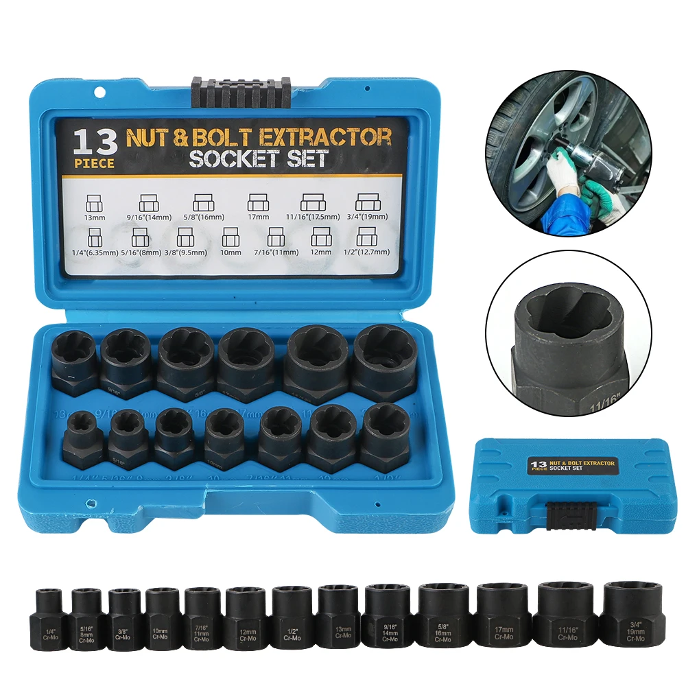 

13PCS Damaged Stripped Nut and Bolt Nut Extractor Socket Remover Kit 3/8" Impact Bolt Nut Screw Remover Tool Set Socket Wrench