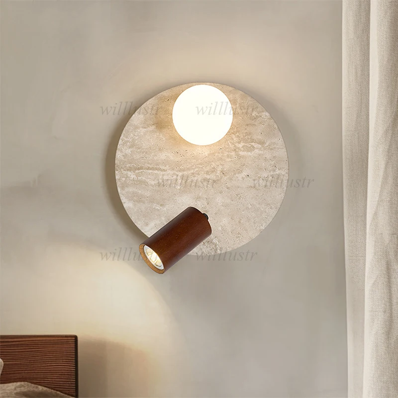 Yellow Travertine Wall Sconce Natural Stone Lamp Corridor Porch Cafe Bar Bedside Creative Glass Wood Lighting