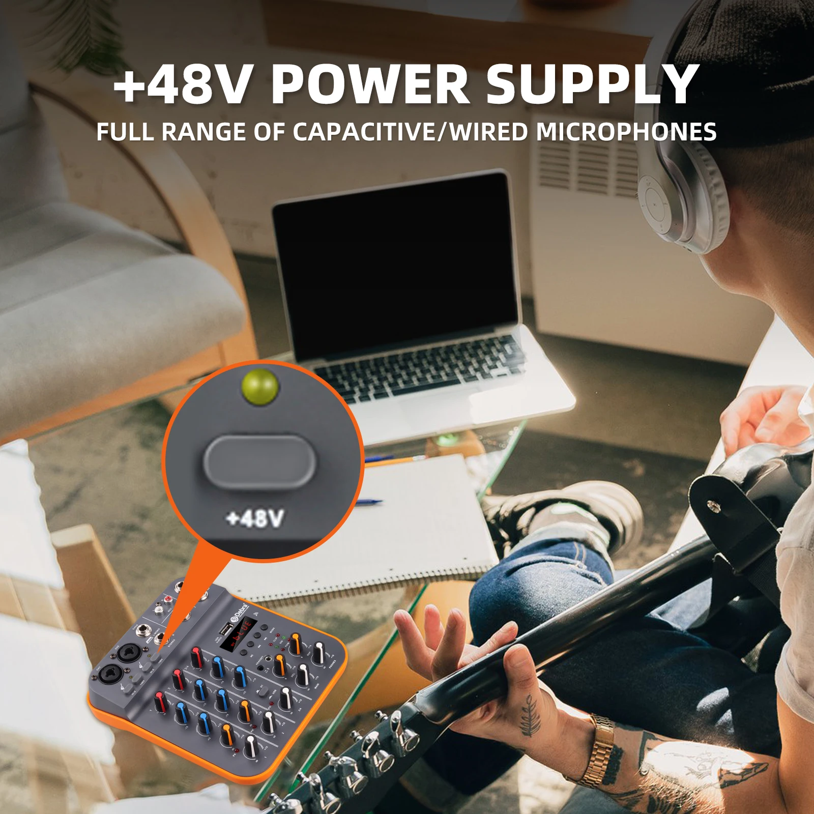 Mezclador de Audio Debra, consola de DJ de 4 canales con Bluetooth, tarjeta de sonido USB de 48V para grabación de PC, micrófono, transmisión en vivo