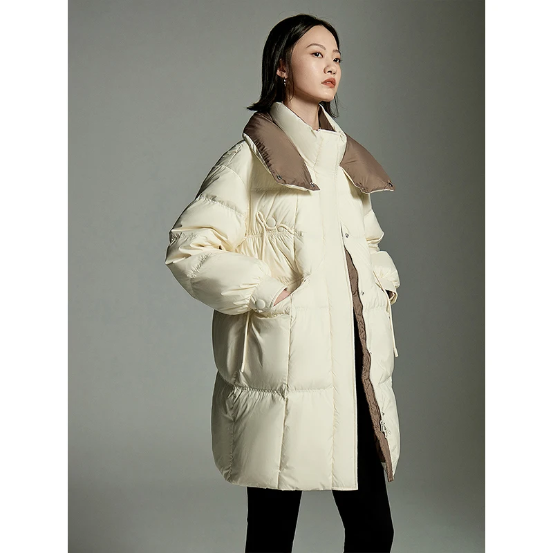 Toyouth Women White Duck Down Jacket 2023 Winter Long Sleeve Double Layered Standing Collar Loose Thick Coat Chic Warm Overcoat