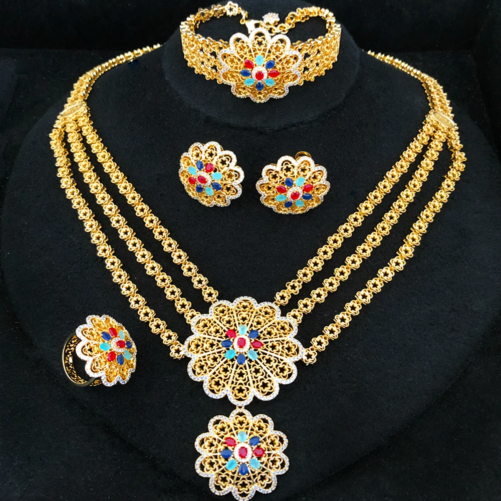 GODKI New Fashion Gold Color Flower Dubai Bridal Jewelry Set For Women Wedding Party Nigerian African Necklace Earring Set