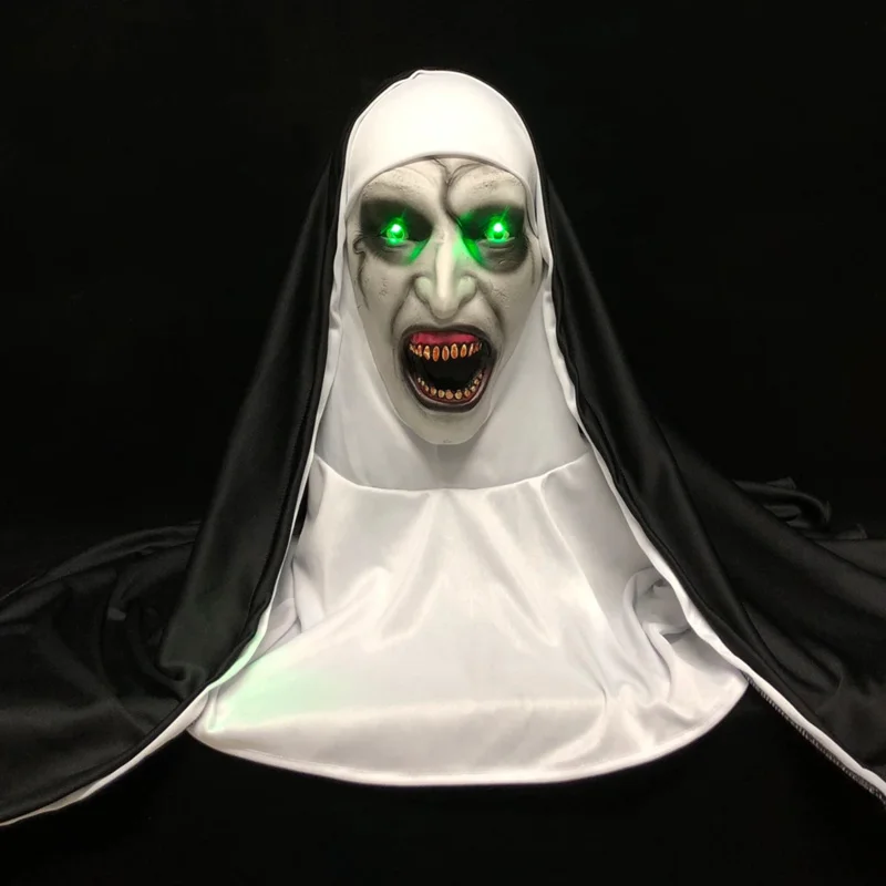 LED Horror The Nun Mask Cosplay Scary Latex Masks with Headscarf Led Light Halloween Party Props Deluxe