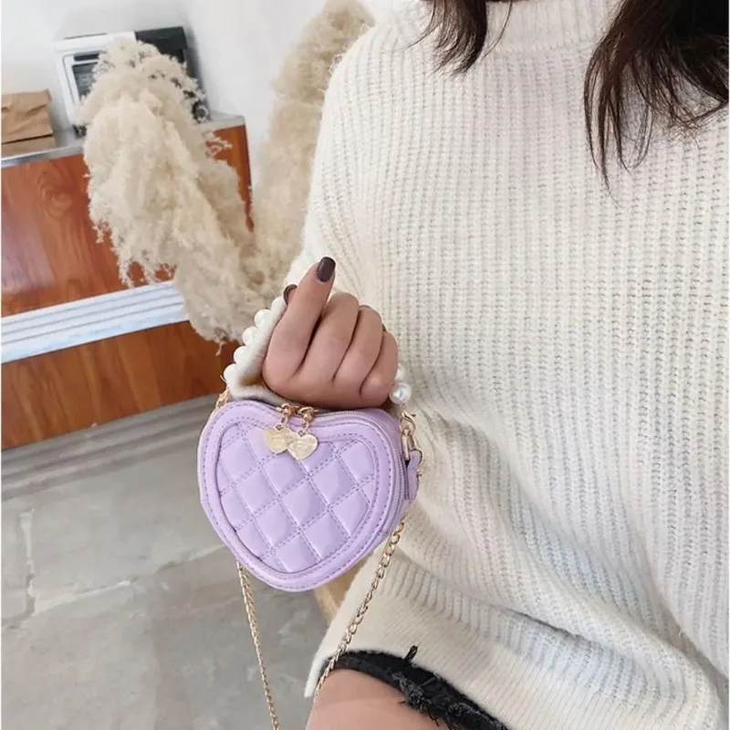 Mini bolso de hombro con asa de perla para niñas, Cartera de princesa, monedero, bolsos cruzados en forma de corazón para niños