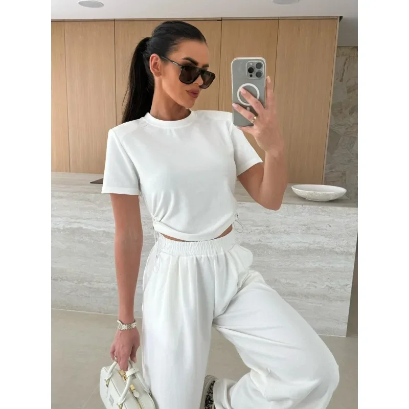 Plus Size Dames Casual Sport 2-delige sets Outfits Trekkoord T-shirt met korte mouwen + Effen losse rechte broekpak