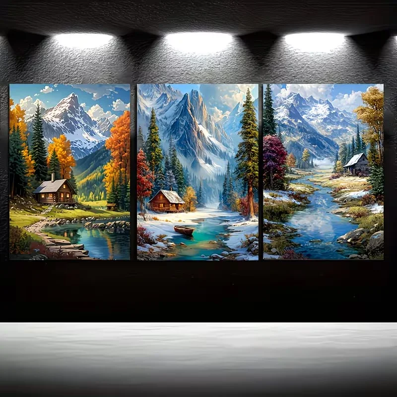 5D Diamond Painting Set,3Pcs DIY Full Square Round Diamond Embroidery Autumn Winter Valley Wooden Landscape House Cross Stitch