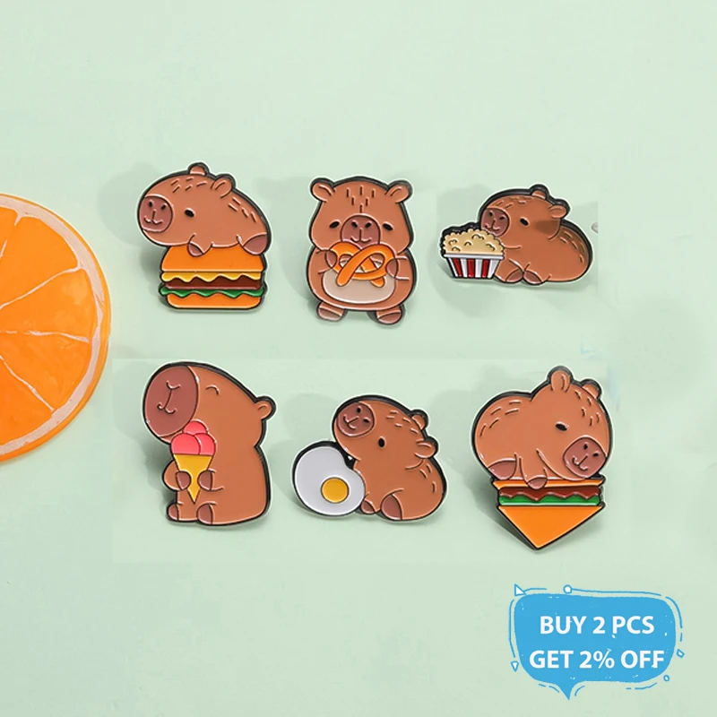 Cute Capybara Enamel Pins Cartoon Hippopotamus With Hamburger Animal Brooches Lapel Badge Jewelry Wholesale Gifts For Friends