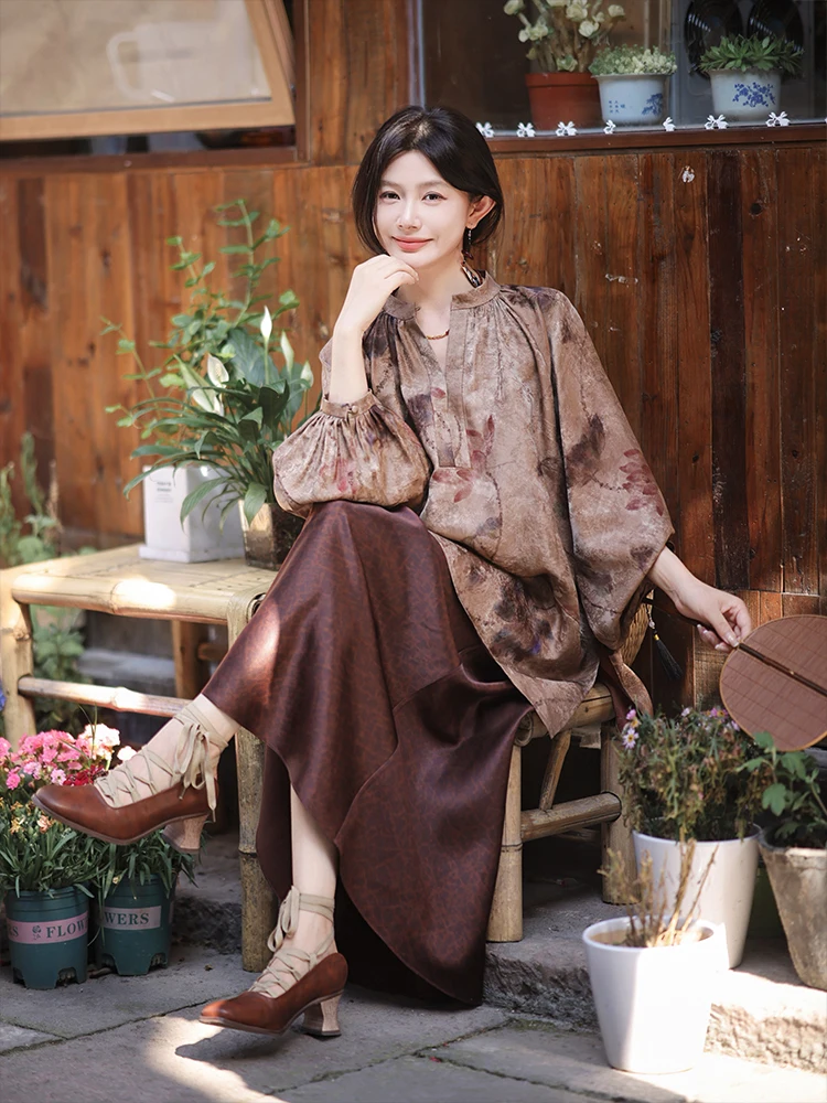

Zhaodaxi Red Cloud Silk Series Top Ladies Commute Sle Long Sve Lampade Sve Silk irt Women's Summer Faion