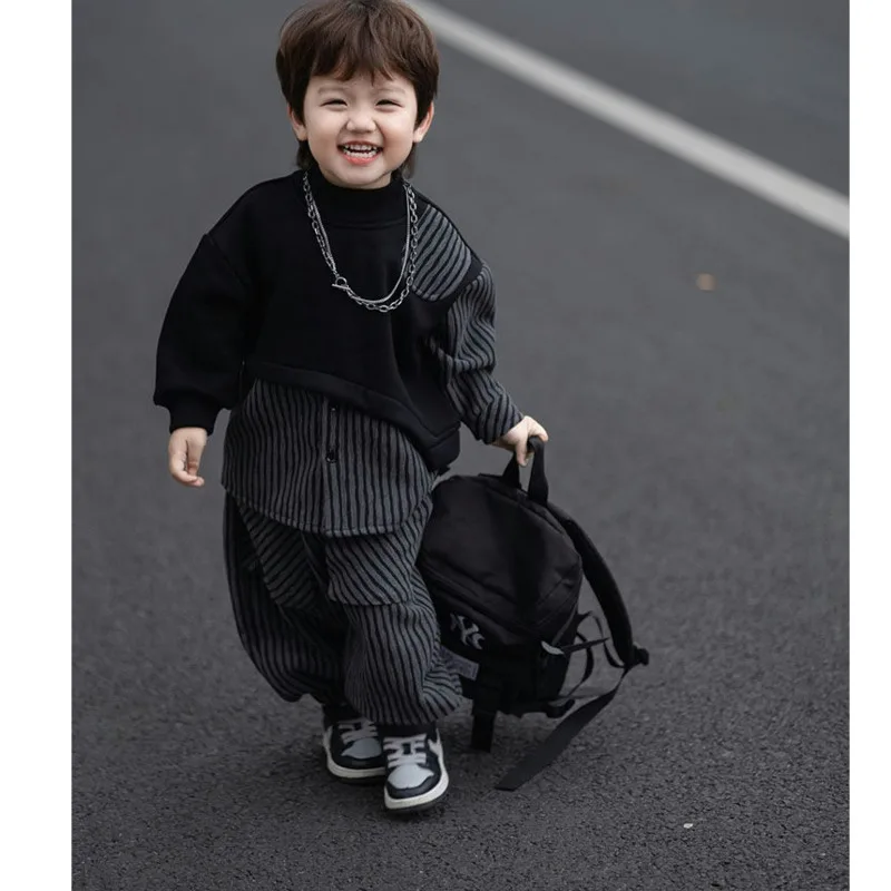 Children\'s Clothes Spring Autumn Boys\' Shirt Pants Two-piece Set Korean Spliced Stripe Street Style Fashion Colored Street Suits