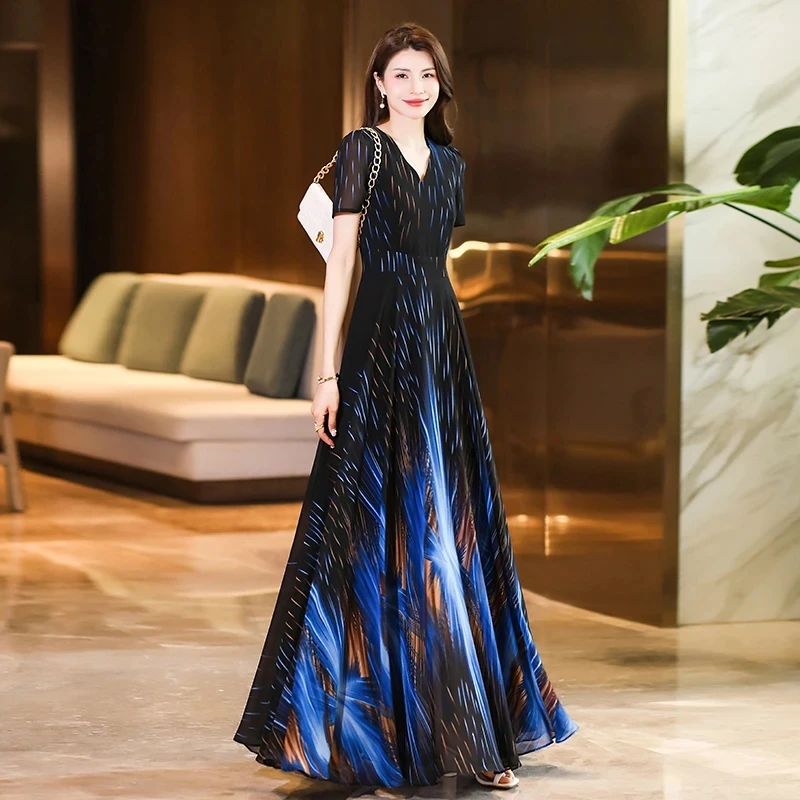 2025 nuevo verano largo ajustado falda de gasa para mujer con cuello en V manga corta Casual moda Maxi vestidos para elegantes ropa de fiesta de lujo