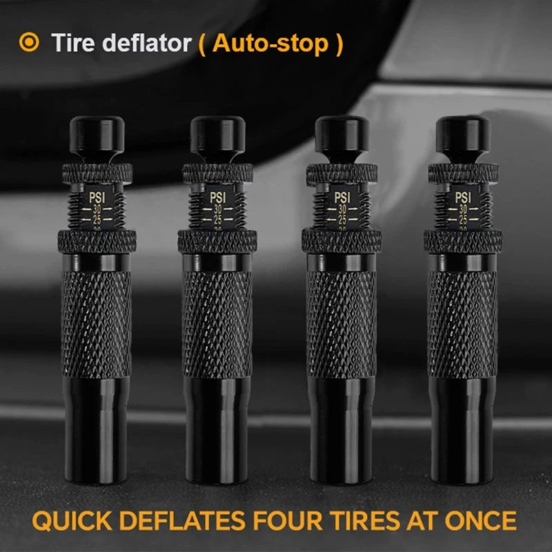 4-teiliges automatisches Reifen-Deflators-Set mit 4 Stück, einstellbarer Druck, geeignet für Geländefahrzeuge, Motorräder, inklusive Ventilkappen – Detail 2