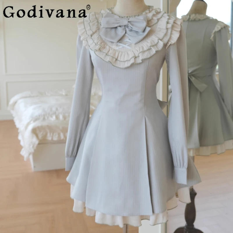 

Women's Lolita Style Sweet Dress Original Elegant Green Striped Princess Dress Female Japanese Blue Long Sleeve Bow Dress
