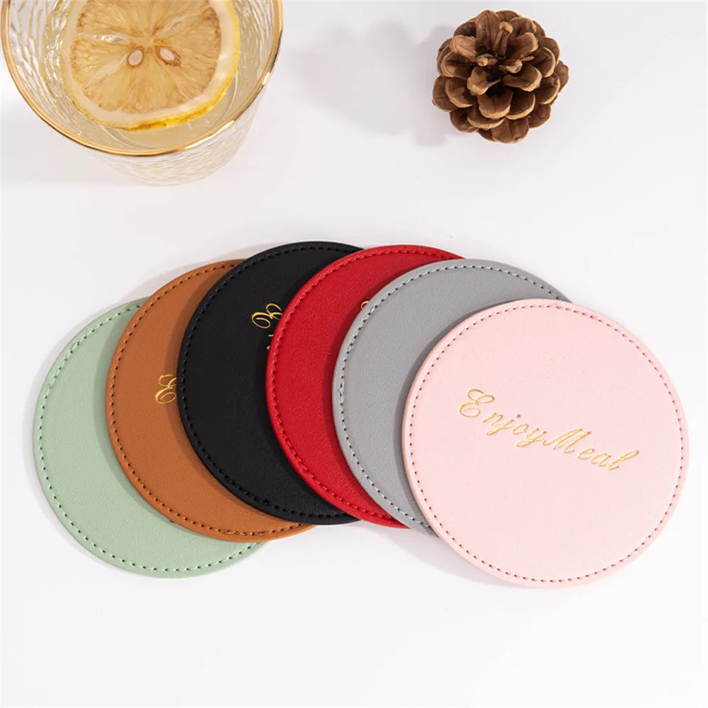 Faux Leather Coaster PU Leather Waterproof Heat Resistant Round Cup Coaster Tableware Insulation Mat Bowl Placement Home Decor