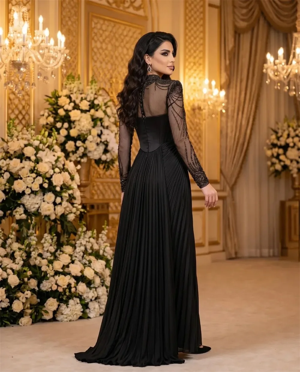 Contessa Custom Black Crystal Beaded Tulle Long Sleeve Prom Dresses Multilayer Pleat Vestidos De Noche High Waist Formal Evening