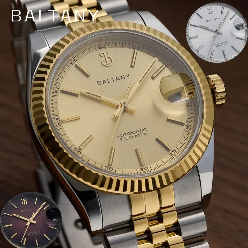

Baltany S4084 Винтажные золотые мужские механические наручные часы с рифленым безелем 36 мм светящаяся дата NH35 автоматические деловые часы Reloj Hombre