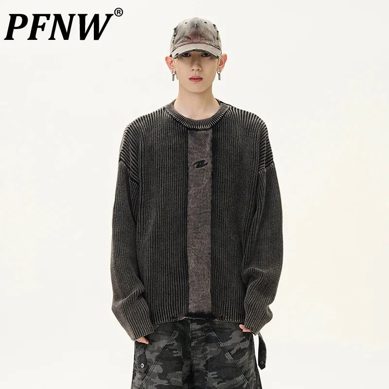 

PFNW American Vintage Washed Textured Round Neck Sweater Men's Autumn Streetwear Loose Fitting New Fashion Male Knitwear 28W4856