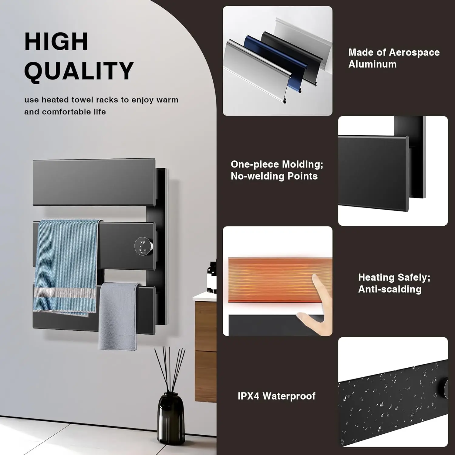 سخان المناشف الكهربائي K&KALONZO، 18.35 بوصة عرض × 22.8 بوصة ارتفاع سخان منشفة مثبت على الحائط مع مؤقت مدمج، حرب منشفة ألومنيوم مقاومة للماء