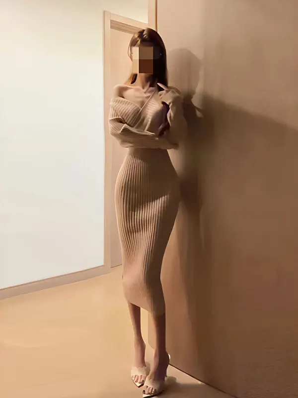 

Sexy Knitted One-oulder Bodycon Long Dr Pure Desire Sle Age-Defng Cotton Blend Comfortable Soft V-Ne Long Sve D...