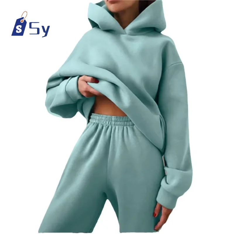 Sy 2024 New Autumn/winter Women\'s Sportswear Set Fashion Warm Hoodie Sweatshirt Two Oversized Casual Hoodie Pullover Pants Suit