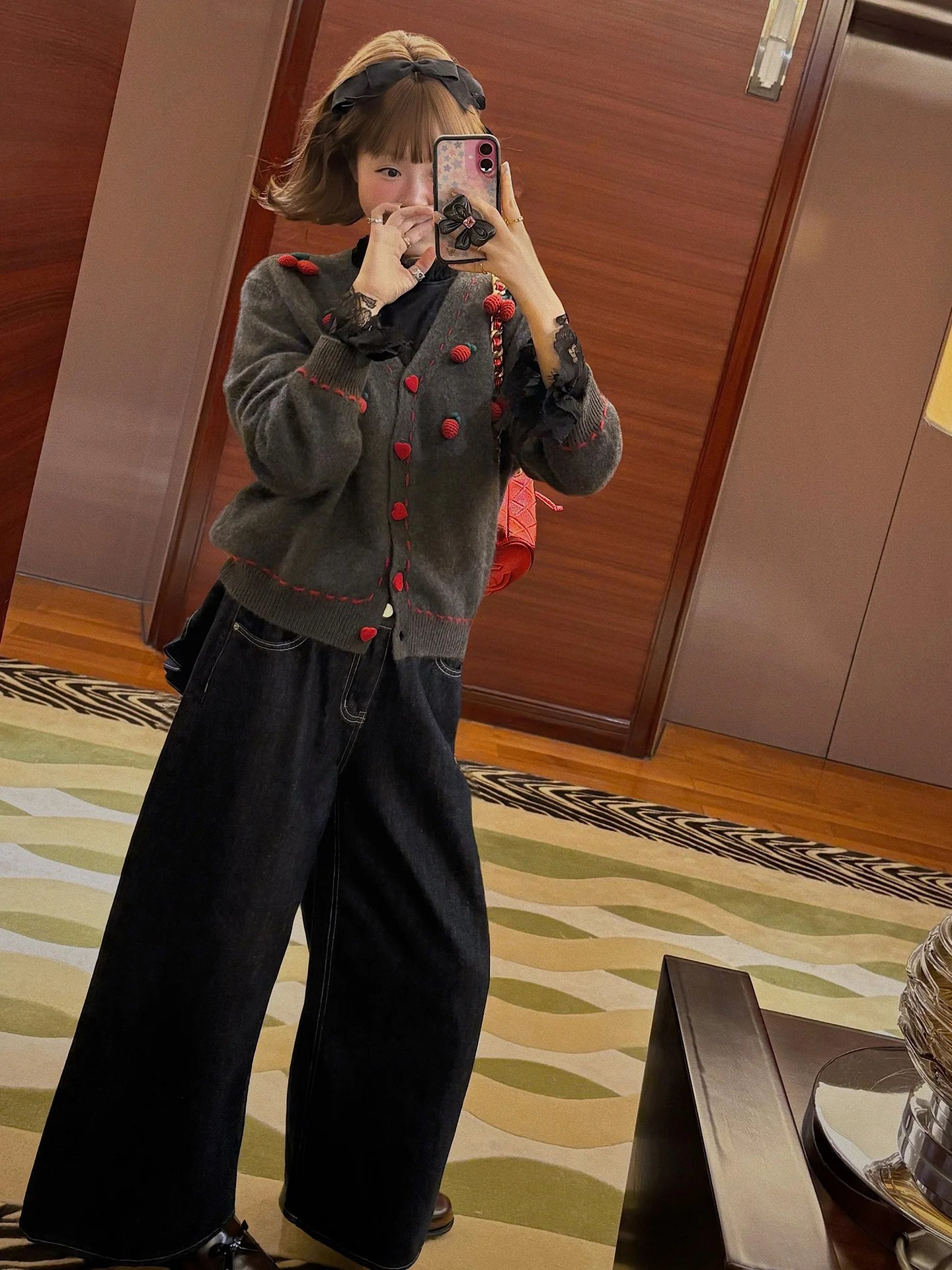 VIMAS Handmade Woolen Sweater V-Ne Cardigan Single Wear Inner Match arp Cherry Spring Autumn Winter Women's Faion