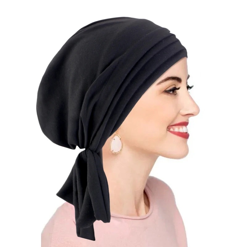 New Women Solid Color Pleated Long Tail Turban Hat Cotton Pre-tied Back Ramadan Chemo Hat Elegant Elastic Breathable Head Cap