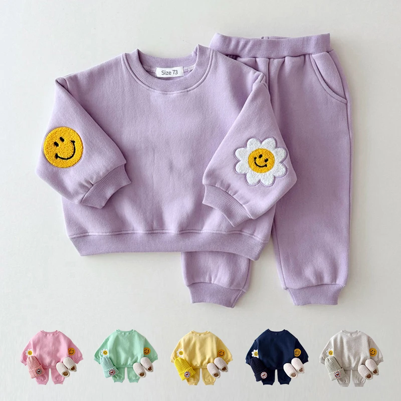 Korea Winter Warm Baby Girl Boy Clothes Set Embroidery Thicken Fleece Sweatshirt + Pant Baby Boy Tracksuit Toddler Girl Clothes