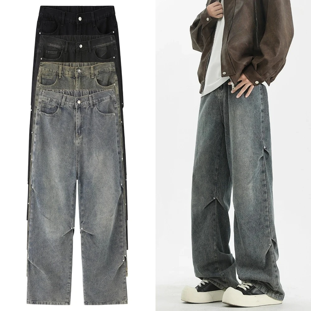 Celana Jeans Baggy Panjang Model High Street untuk Pria, Celana Denim Kasual Kaki Lebar, Celana Jeans Korea Streetwear Longgar Model Straight-leg