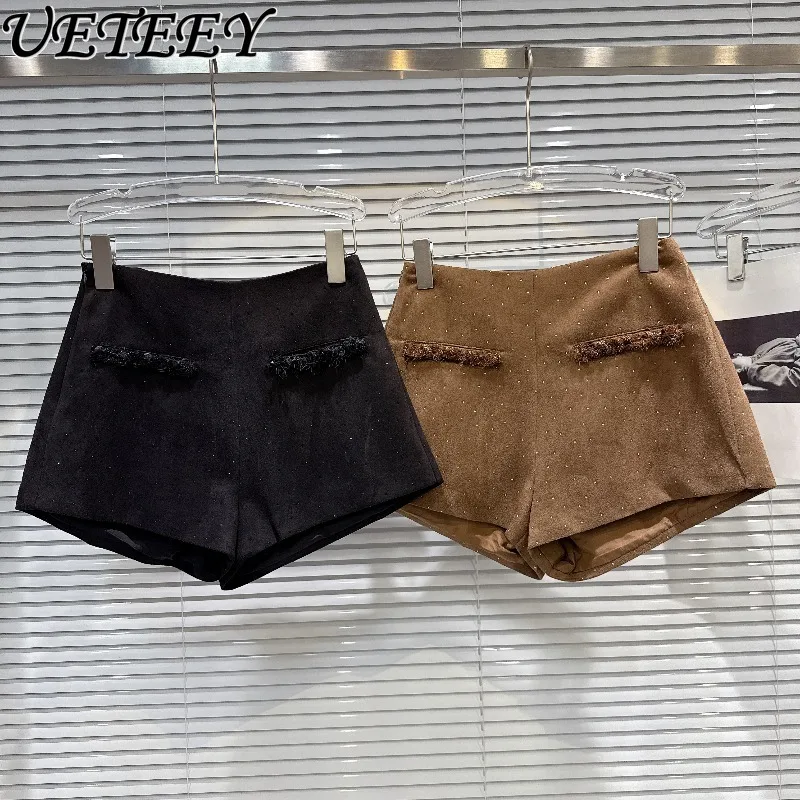 

Spring and Autumn New Retro Hot Girl Rhinestone Hot Short Pants Pocket Design Suede Shorts Versatile Boot Pants for Women
