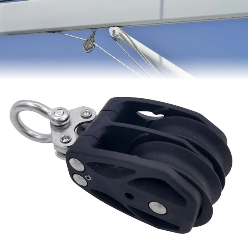 Double Pulley Block with Black Nylon Housing, Swivels Rope Pulley Hardware for Tarps Line Routing, DIY Light Hanging Projects