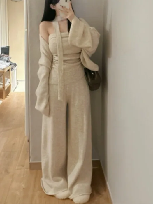 Faionable chique solto malha cardigan camisola superior com tubo superior e calças de perna larga conjunto de peça para mulher outono wear