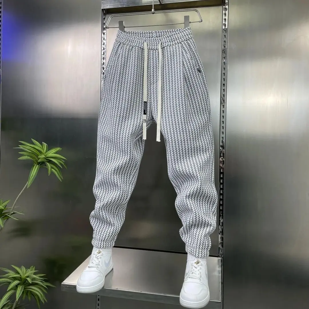 

Высококачественные утепленные повседневные мужские брюки: осенне-зимняя новинка, простые, модные, в полоску, свободного кроя, трендовые, с манжетами