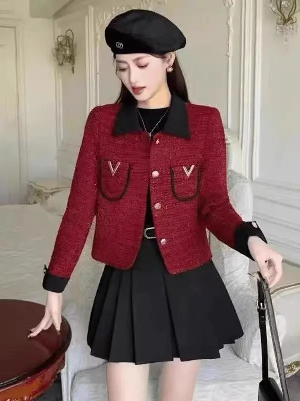 

Unique Ele Ladylike Spliced Sle Jaet 2025 New Autumn Winter Faion Top for Women ort Outerwear