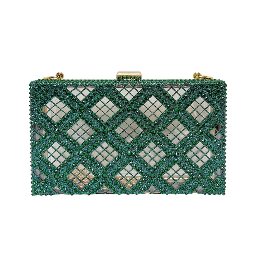 Emerald Green Rhombus Hollow Rhinestone Clutch Bag Metal Chain Crossbody Evening Handbag Luxury Wedding Formal Purse For Mature