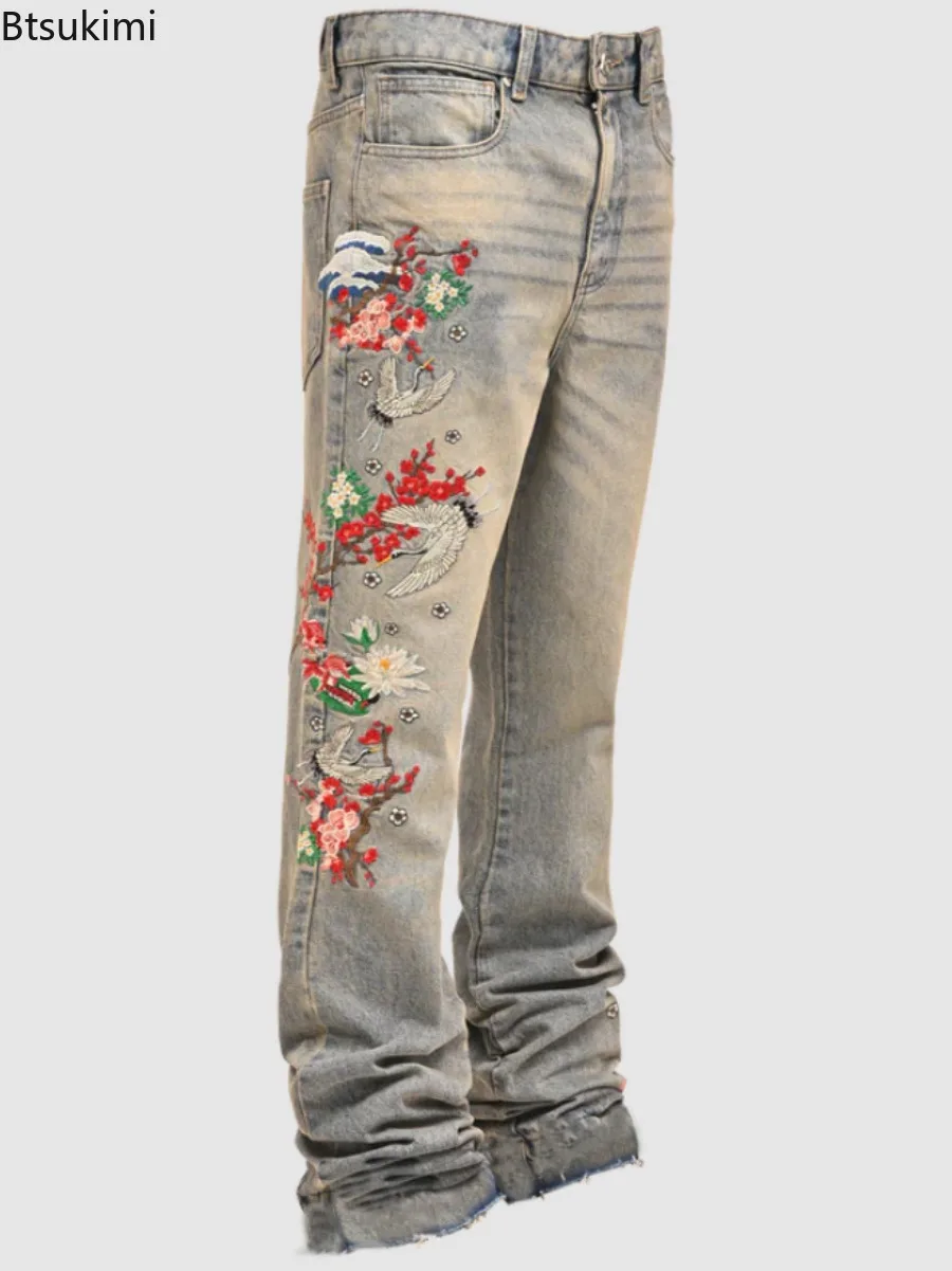 New Men's Straight Leg Jeans Male Fashion Streetwear Hot Selling Stretch Patch Decor Denim Pants Casual Male Daily Long Trousers