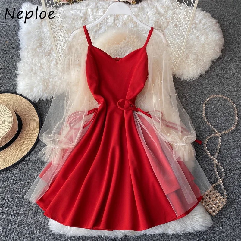 Neploe Spring Summer 2024 New Mesh Puff Sleeve Dresses for Women V-neck Beaded A-line Short Robe Femme Sweet Girl Woman Dress