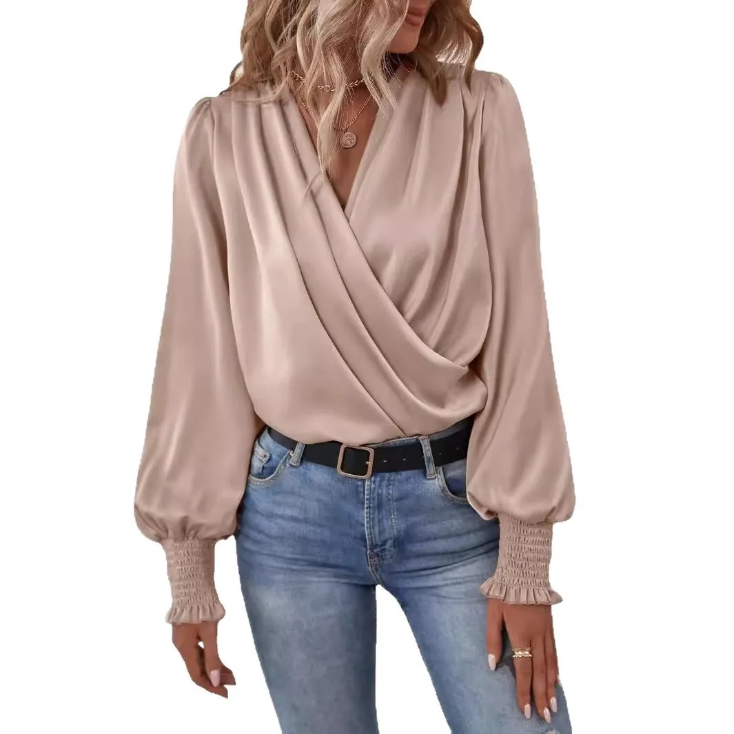 

Elegant V Neck Blouse Gathered Lantern Sleeve Puff Blouse Office Solid Color Blouse Lightweight Loose Fit Casual Slim Top
