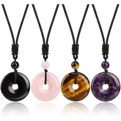 Donut Healing Crystals Necklace Chakra Gemstone Amulet Lucky Coin Charm Protection Reiki Pendant Jewelry Men Women Adjustable