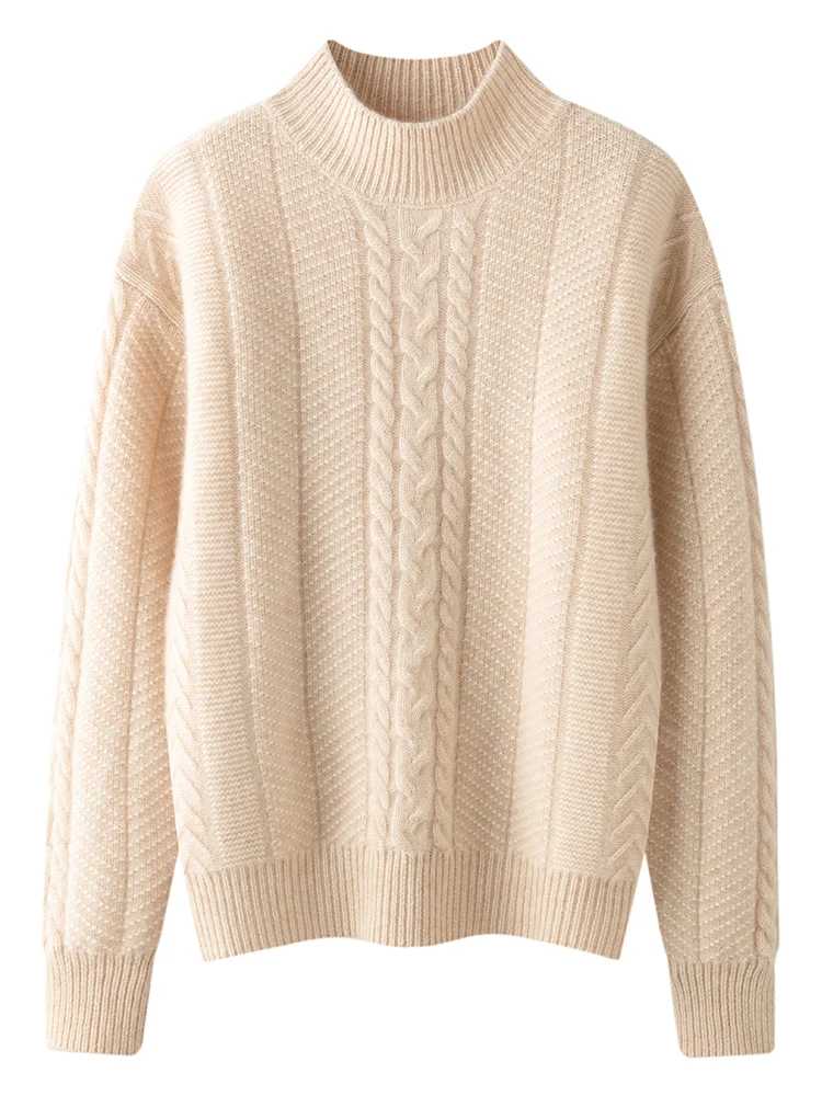 

TLOML Women 100% Cashmere Sweater Mock Neck Cable Knit Pullover Solid Cashmere Knitwear Autumn Winter Soft Warm Thick BasicsTops