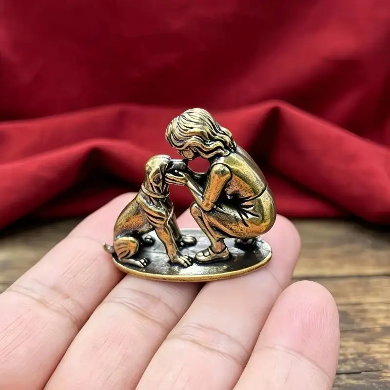 Vintage-Messingstatue von Mädchen und Hund, handgefertigt, fein geschnitzt, antik veredelt, Dekoration für Kinderzimmer, Wohnkultur, Geschenk für Feiertage. – Detail 8