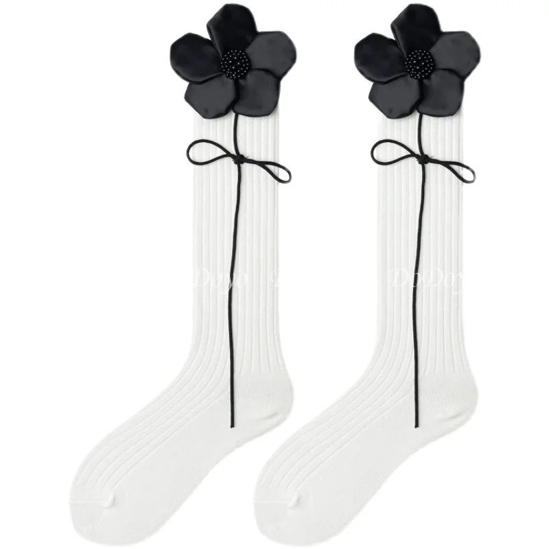 Stockings Women's Three-Dimensional Pearl Big Petal Leg Shaping Black Medium Long Tube Street Trend Fashion Simple Knee Length