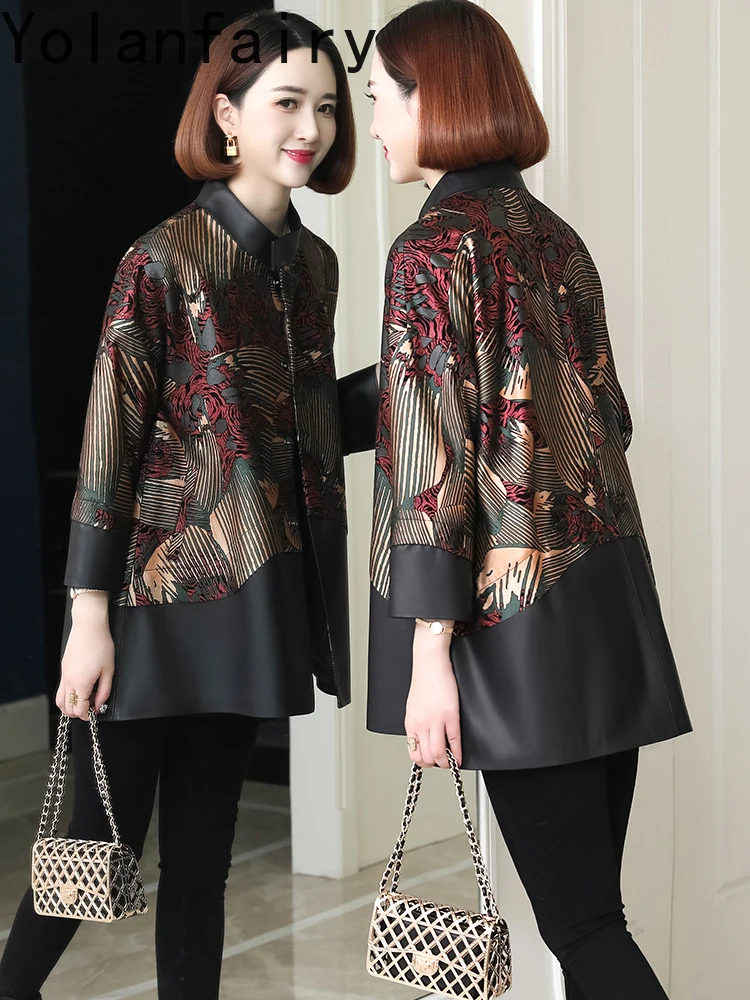 YOLANFAIRY Real Sheepskin Leather Trench Coat for Woman Spring Autumn Genuine Leather Jacket Women Mid-length Printed Coats New