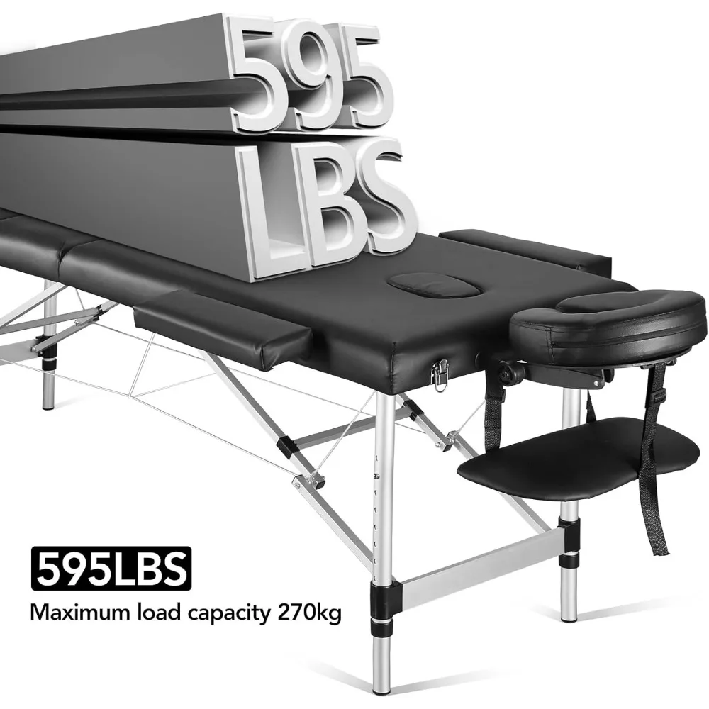 Portable Massage Table 3 Fold 23.6" Wide, Height Adjustable Aluminum Massage Bed with Headrest, Armrests and Carry Bag