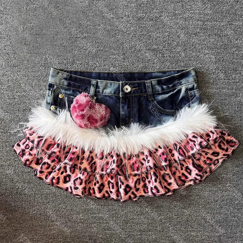 

Summer Punk American Retro Leopard Print Mini Faux Denim Women's Skirt Hip Hop Rock Hot Girls Fashion Casual Harajuku Sexy Skirt