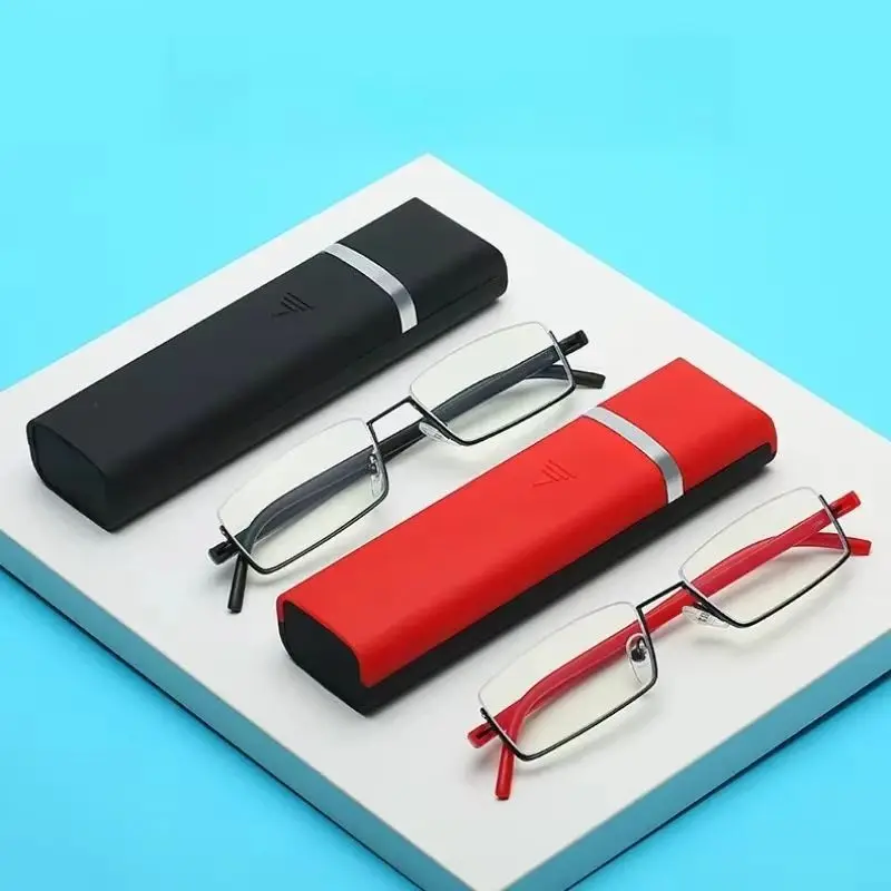 Anti-Blaulicht-Lesebrille mit Halbrahmen, TR90, tragbare Presbyopie-Brille für Damen und Herren, modische Brille mit Etui