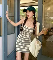 Vintage Black Striped Summer New Style Sexy Short Skirt Waist-fitted Color Block Tank Dress Women's Sleeveless Sexy Style