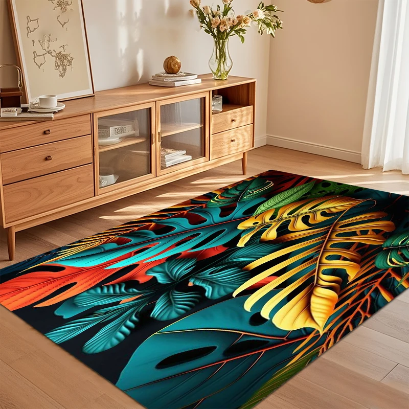 Colorful Tropical Leaf Pattern Anti-slip Rug Soft Short Pile Carpet Monstera Print for Entryway Living Room Bedroom Home Decor