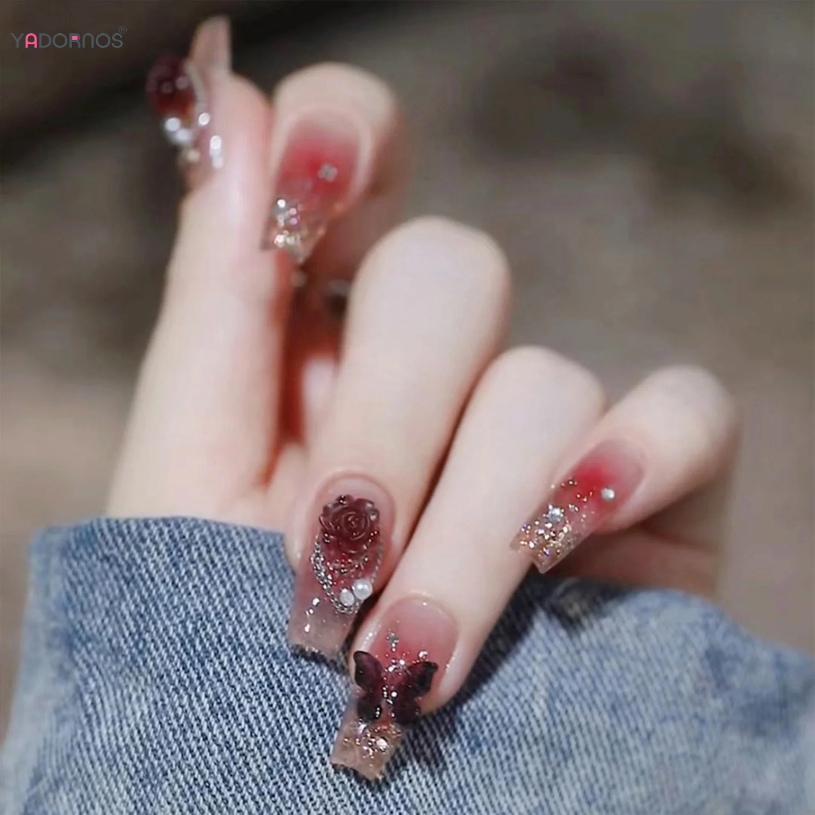 Gradient Red Fake Nails Rose Flower Butterfly Designs Long Ballerina Press on Nails Bride Wedding Charms Manicure False Nails