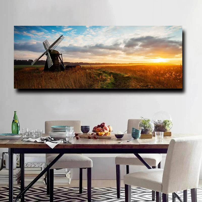 Large Size Landscape Painting Windmill Sunset Pastoral View Art Picture Canvas Print Wall Poster Prints Living Room Home Decor