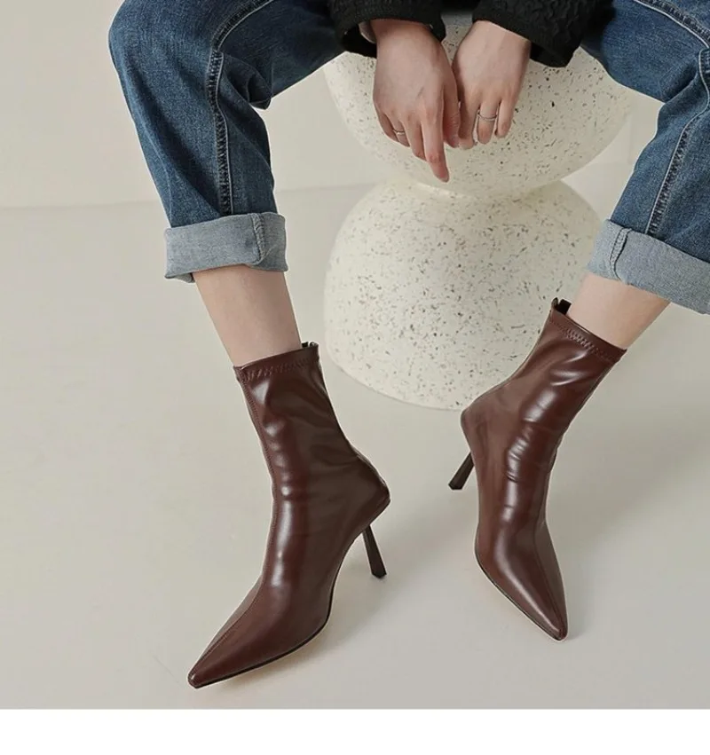 2024 New Autumn Winter Pointed Toe Women Ankle Boots Fashion Zipper Shoes Thin High Heel Women\'s Morder Short Booties D214