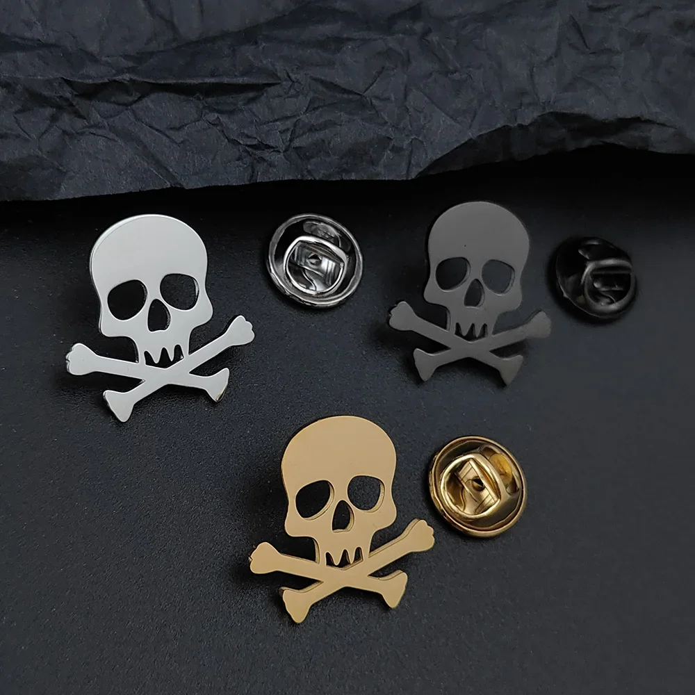 fashion Danger Sign Brooch men Stainless Steel skull Hip Hop Rock Style Jewelry Accessory 3 Color Gold Plated Lapel Pin